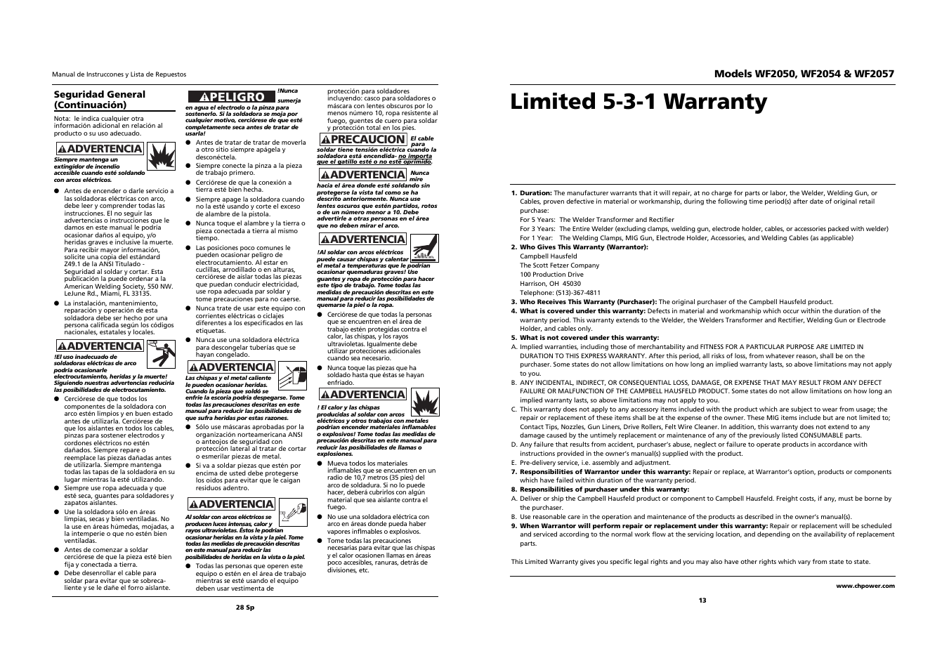 Limited 5-3-1 warranty, Peligro, Precaucion | Advertencia | Campbell Hausfeld WF2057 User Manual | Page 13 / 20