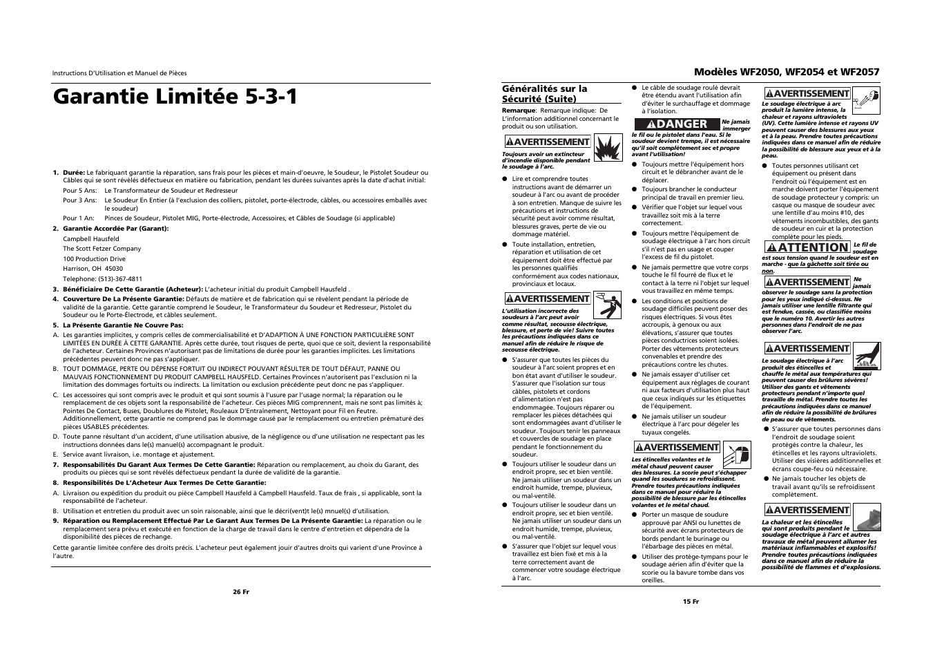 Garantie limitée 5-3-1, Attention, Danger | Campbell Hausfeld WF2057 User Manual | Page 15 / 20