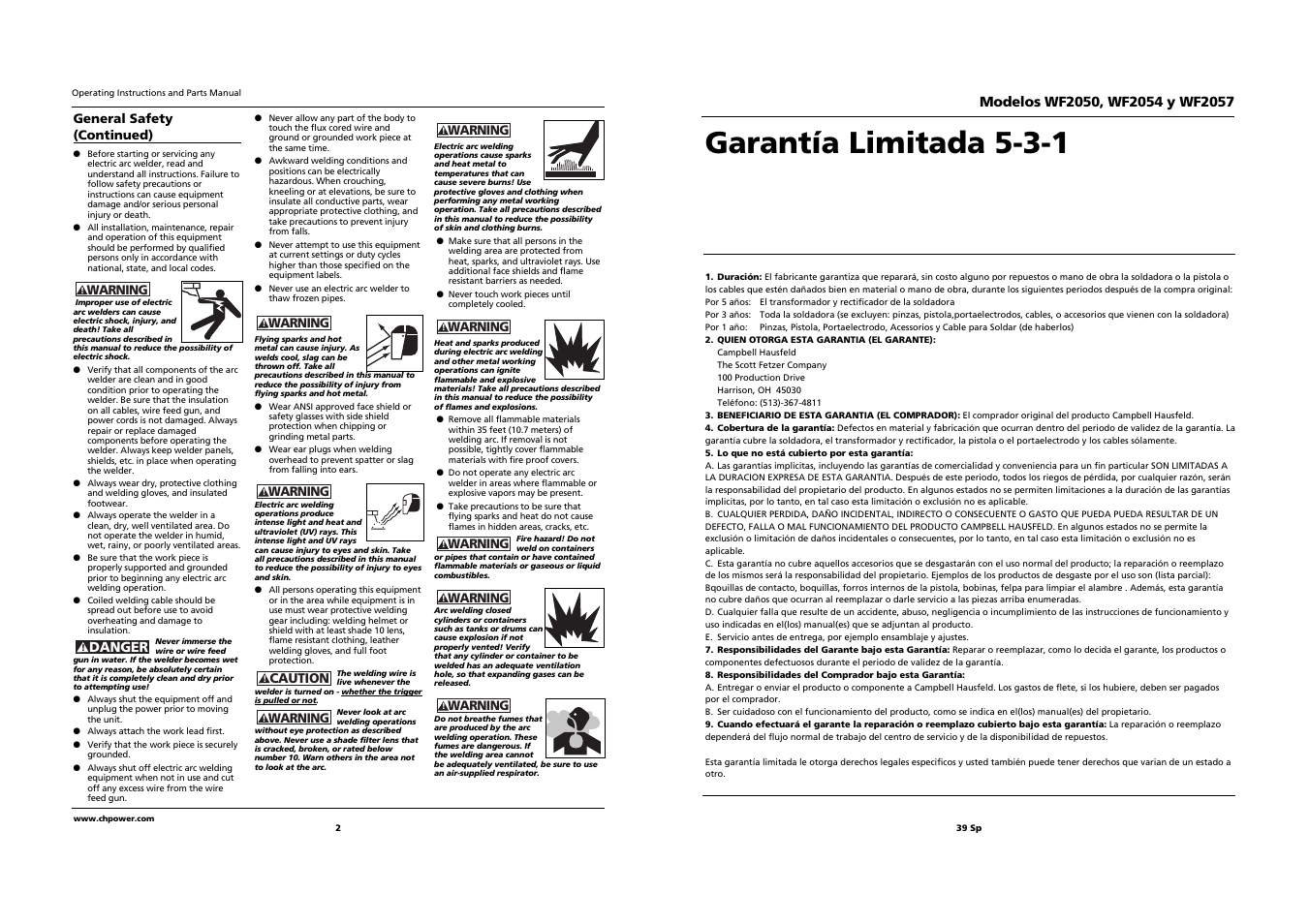 Garantía limitada 5-3-1, Danger | Campbell Hausfeld WF2057 User Manual | Page 2 / 20