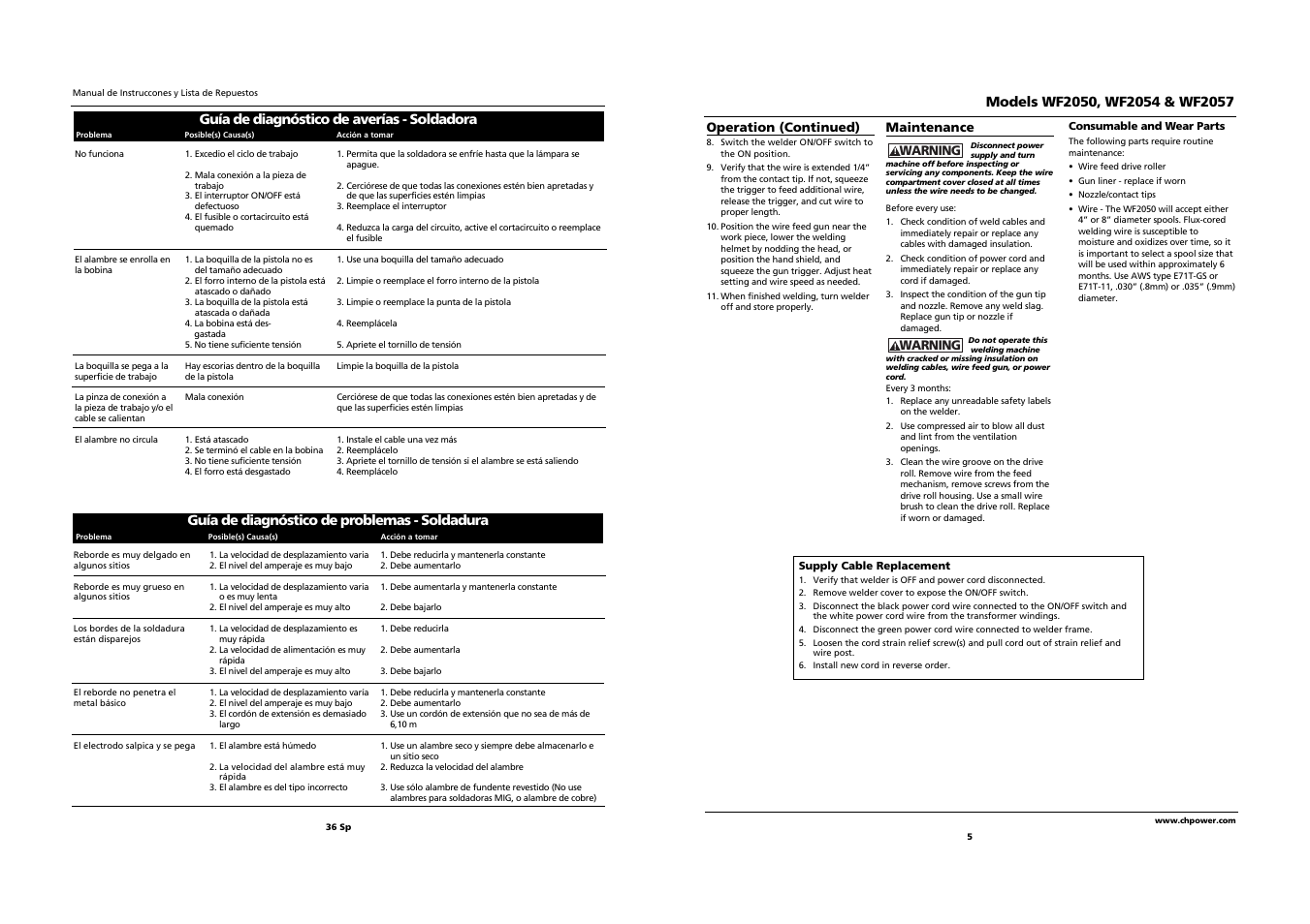 Guía de diagnóstico de averías - soldadora, Guía de diagnóstico de problemas - soldadura | Campbell Hausfeld WF2057 User Manual | Page 5 / 20
