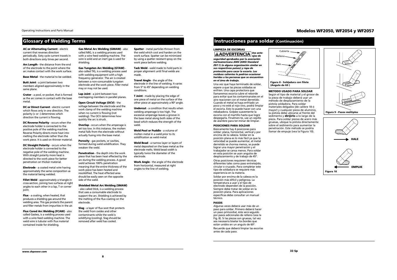 Instrucciones para soldar, Glossary of welding terms, Advertencia | Campbell Hausfeld WF2057 User Manual | Page 8 / 20