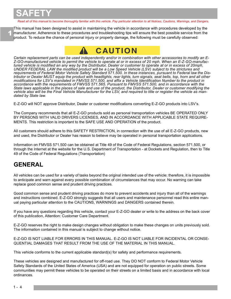 Safety, General | E-Z-GO EXPRESS L6 User Manual | Page 10 / 78