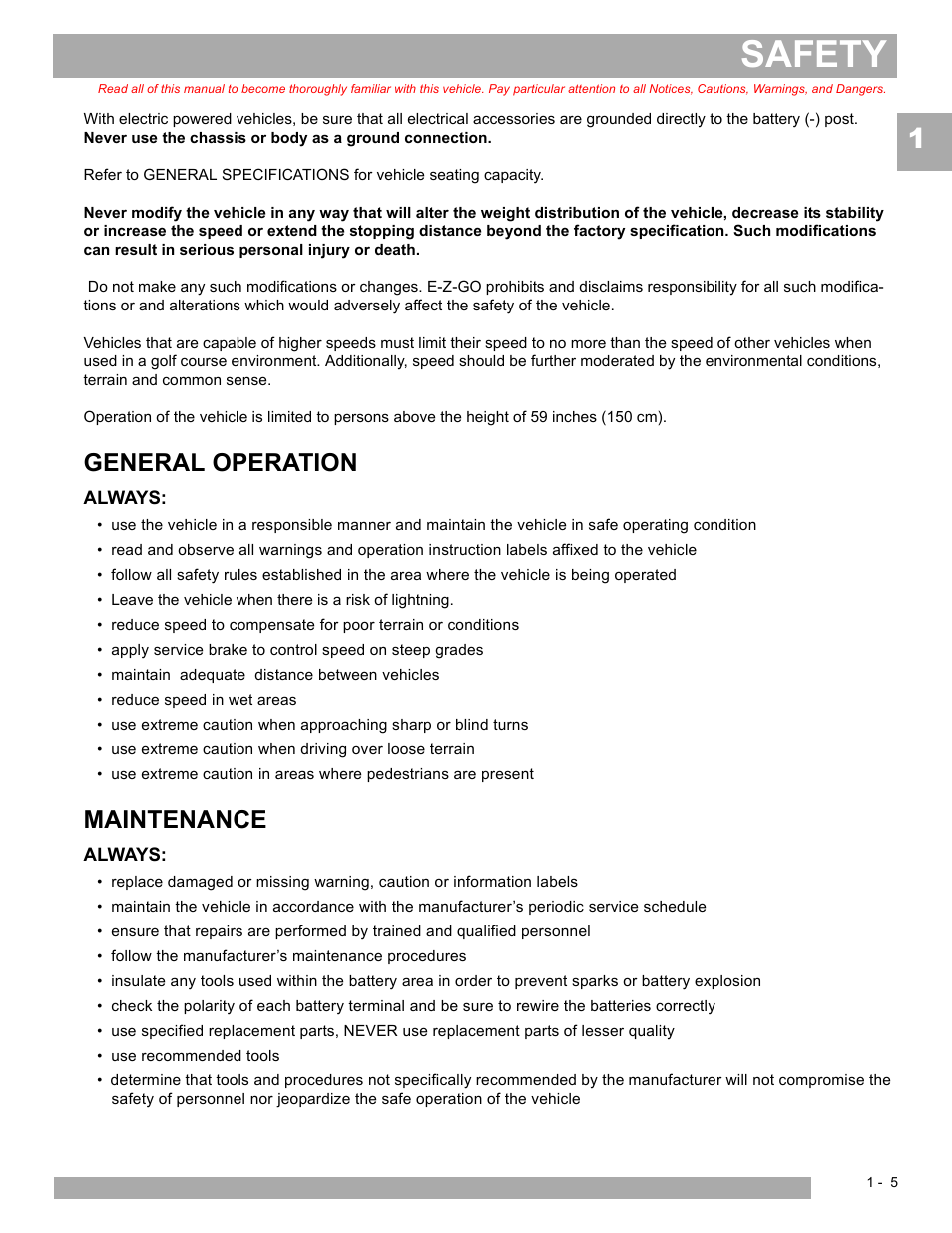 Safety, General operation, Maintenance | E-Z-GO EXPRESS L6 User Manual | Page 11 / 78