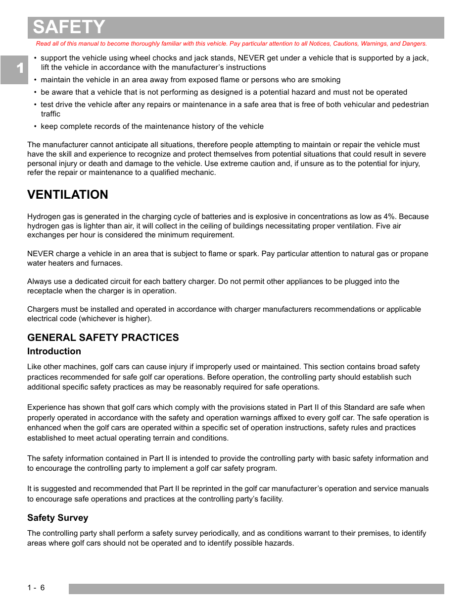 Safety, Ventilation, General safety practices | E-Z-GO EXPRESS L6 User Manual | Page 12 / 78