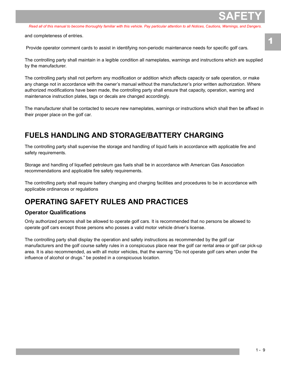 Safety, Fuels handling and storage/battery charging, Operating safety rules and practices | E-Z-GO EXPRESS L6 User Manual | Page 15 / 78