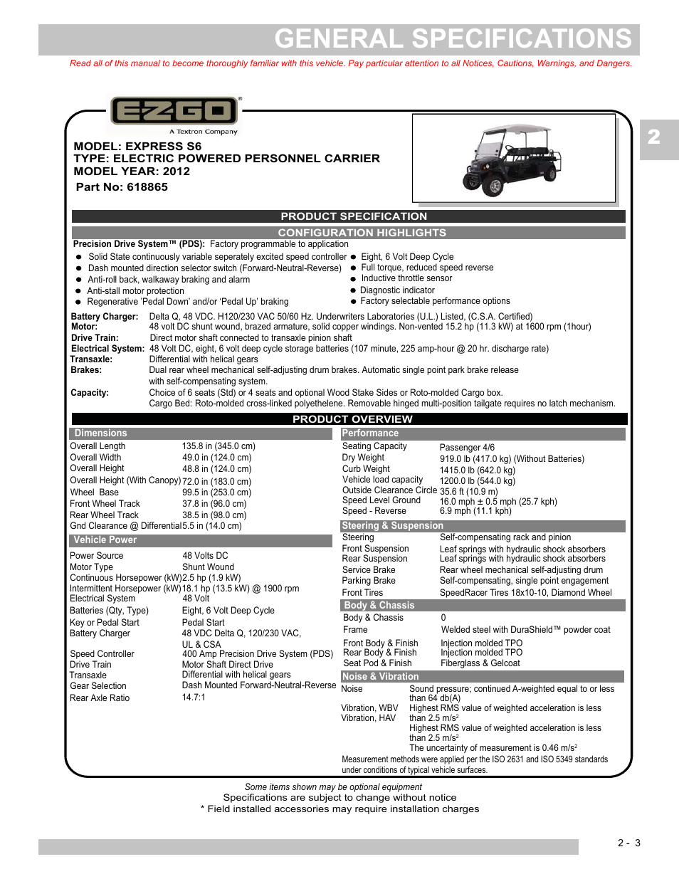 General specifications | E-Z-GO EXPRESS L6 User Manual | Page 23 / 78