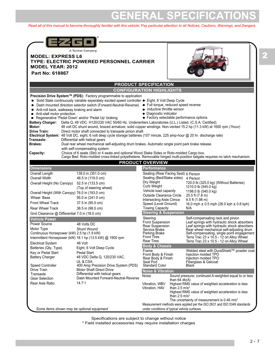 General specifications | E-Z-GO EXPRESS L6 User Manual | Page 27 / 78