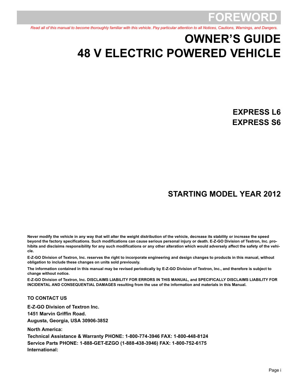 Foreword, Owner’s guide 48 v electric powered vehicle | E-Z-GO EXPRESS L6 User Manual | Page 3 / 78