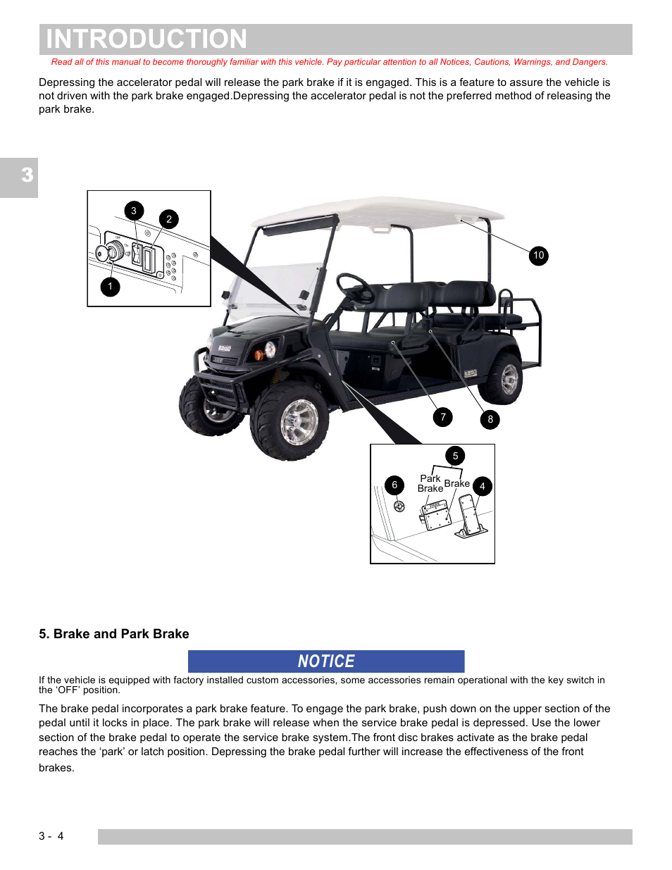 Introduction, Notice, Brake and park brake | E-Z-GO EXPRESS L6 User Manual | Page 36 / 78