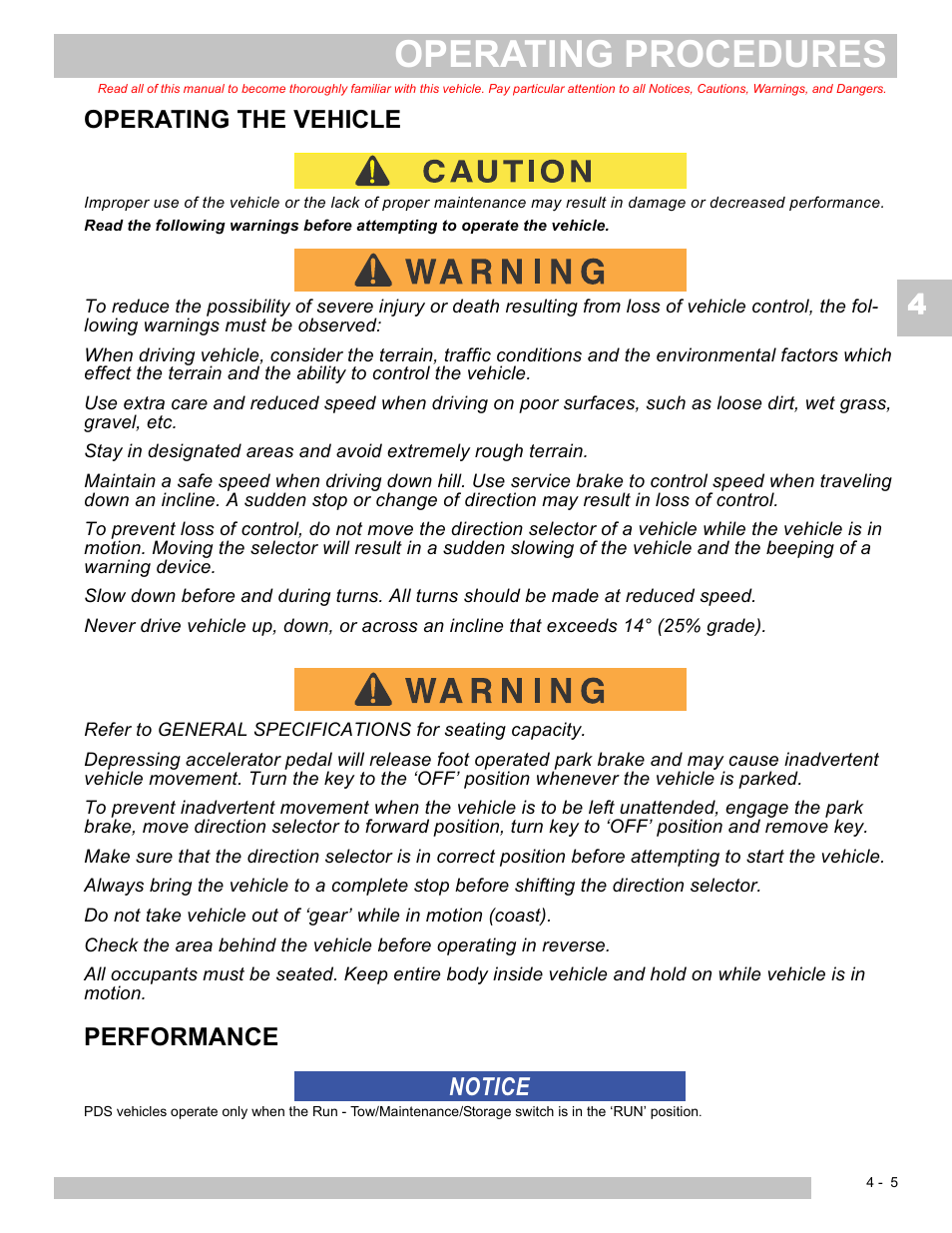 Operating procedures, Operating the vehicle, Performance | Notice | E-Z-GO EXPRESS L6 User Manual | Page 47 / 78