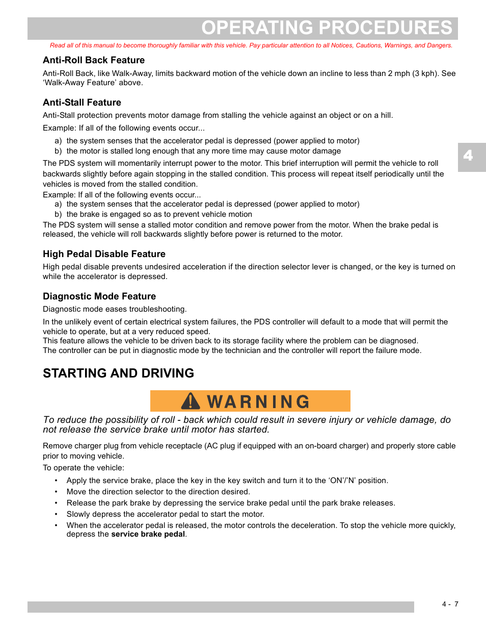 Operating procedures, Starting and driving | E-Z-GO EXPRESS L6 User Manual | Page 49 / 78