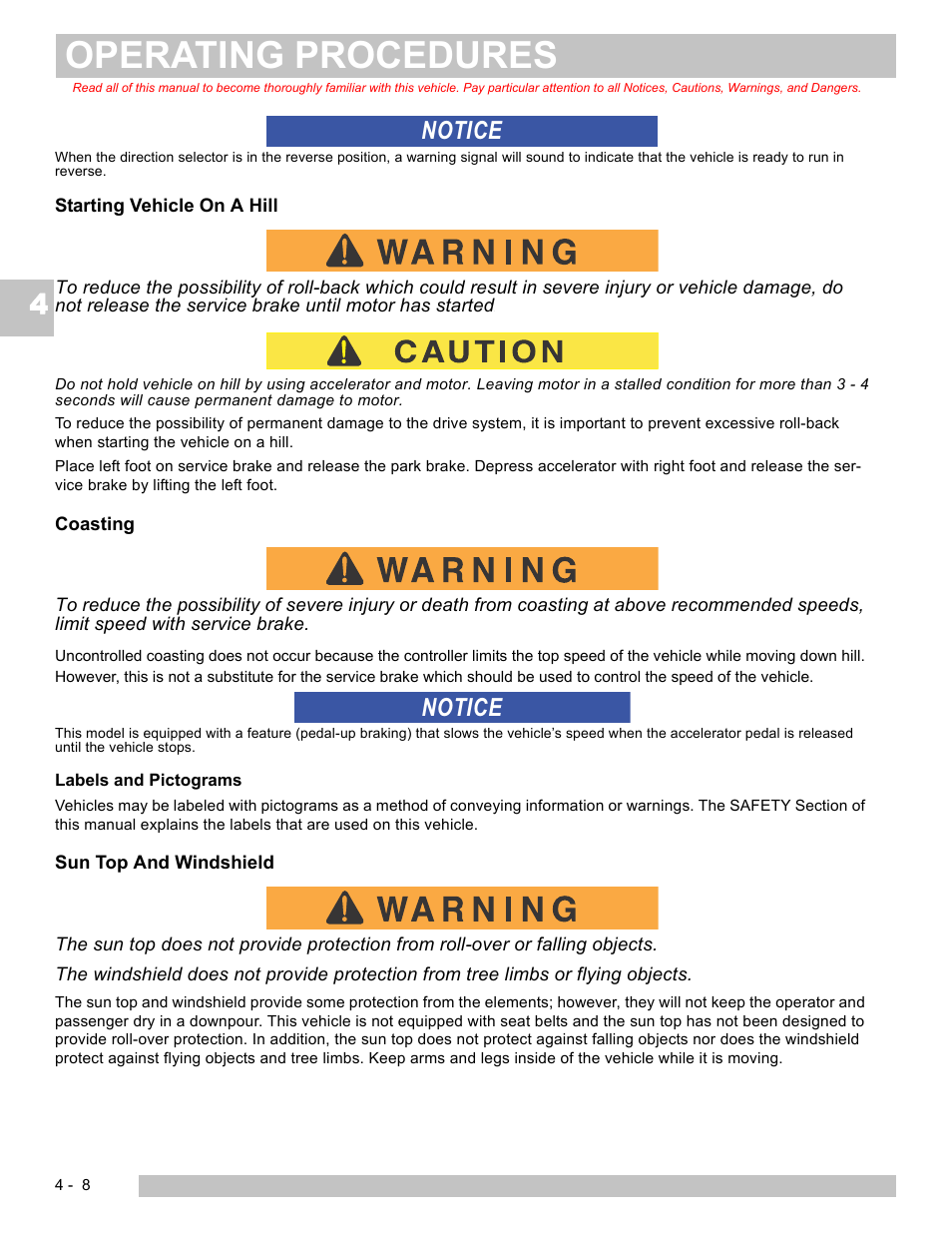 Operating procedures, Notice | E-Z-GO EXPRESS L6 User Manual | Page 50 / 78