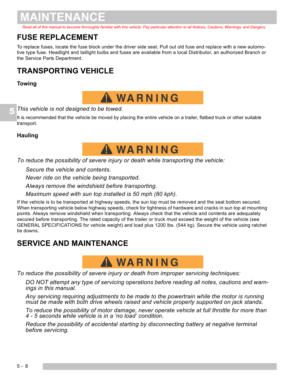 Maintenance, Fuse replacement, Transporting vehicle | Service and maintenance | E-Z-GO EXPRESS L6 User Manual | Page 60 / 78