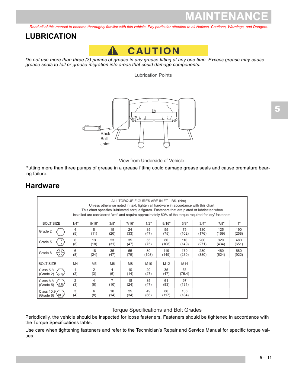 Maintenance, Lubrication, Hardware | Torque specifications and bolt grades | E-Z-GO EXPRESS L6 User Manual | Page 63 / 78