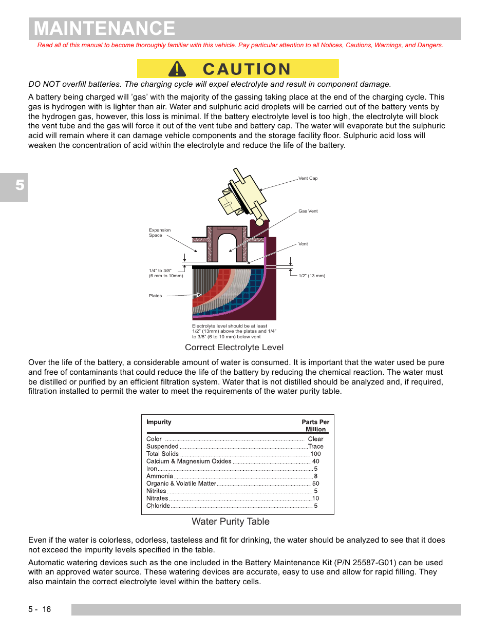 Maintenance, Water purity table | E-Z-GO EXPRESS L6 User Manual | Page 68 / 78