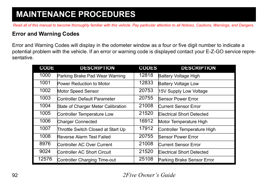 Maintenance procedures, 2five owner’s guide | E-Z-GO 2FIVE 4 PASSENGER User Manual | Page 100 / 144