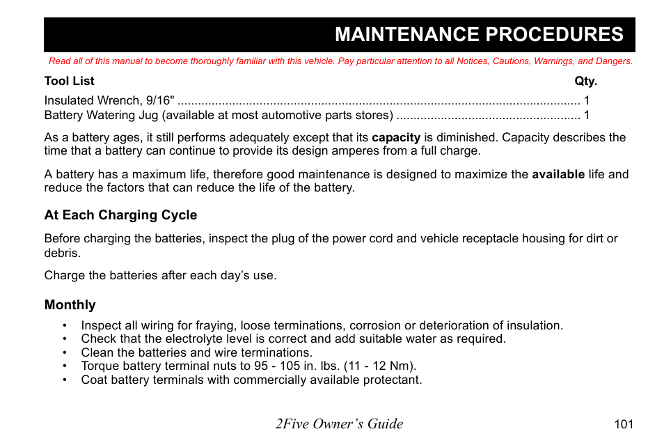 Maintenance procedures | E-Z-GO 2FIVE 4 PASSENGER User Manual | Page 109 / 144