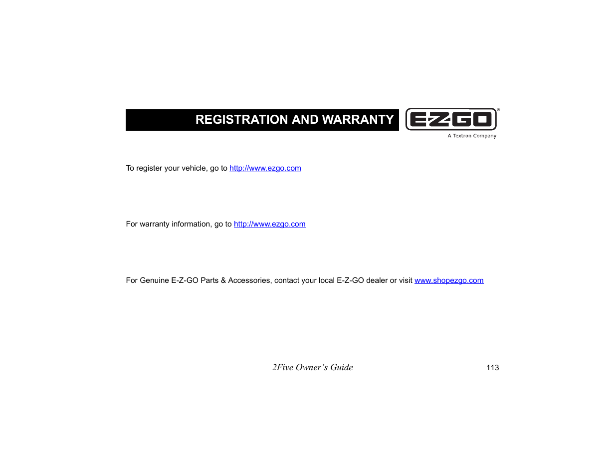 Registration and warranty | E-Z-GO 2FIVE 4 PASSENGER User Manual | Page 121 / 144