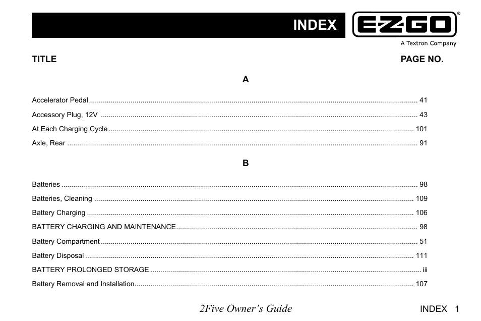 Index, 2five owner’s guide | E-Z-GO 2FIVE 4 PASSENGER User Manual | Page 123 / 144