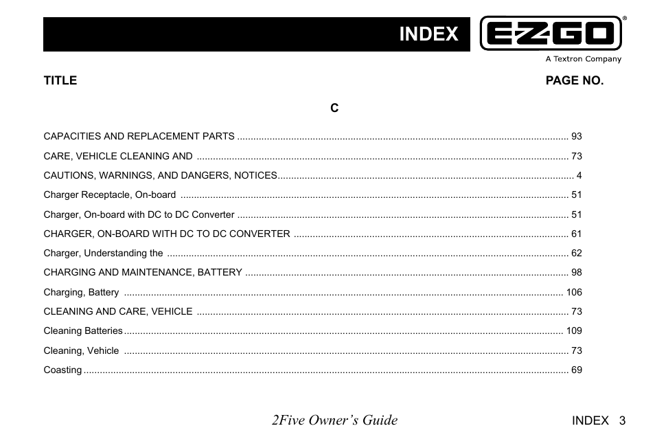 Index, 2five owner’s guide | E-Z-GO 2FIVE 4 PASSENGER User Manual | Page 125 / 144