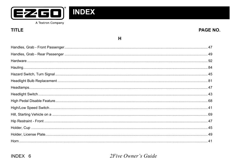 Index | E-Z-GO 2FIVE 4 PASSENGER User Manual | Page 128 / 144