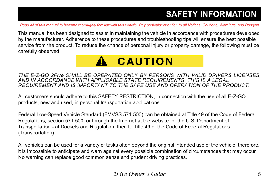 Safety information | E-Z-GO 2FIVE 4 PASSENGER User Manual | Page 13 / 144