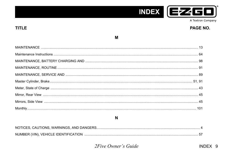 Index, 2five owner’s guide | E-Z-GO 2FIVE 4 PASSENGER User Manual | Page 131 / 144