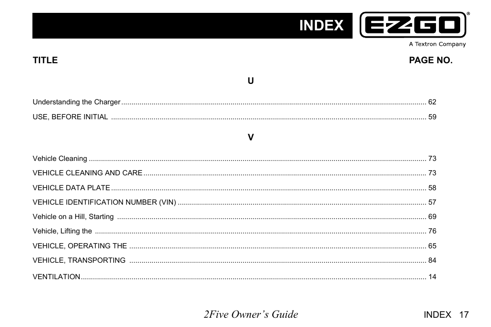 Index, 2five owner’s guide | E-Z-GO 2FIVE 4 PASSENGER User Manual | Page 139 / 144