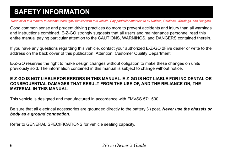 Safety information | E-Z-GO 2FIVE 4 PASSENGER User Manual | Page 14 / 144
