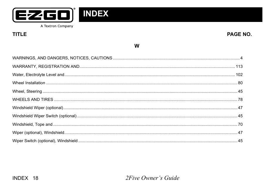 Index, 2five owner’s guide | E-Z-GO 2FIVE 4 PASSENGER User Manual | Page 140 / 144