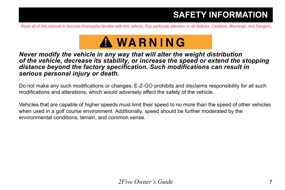 Safety information | E-Z-GO 2FIVE 4 PASSENGER User Manual | Page 15 / 144