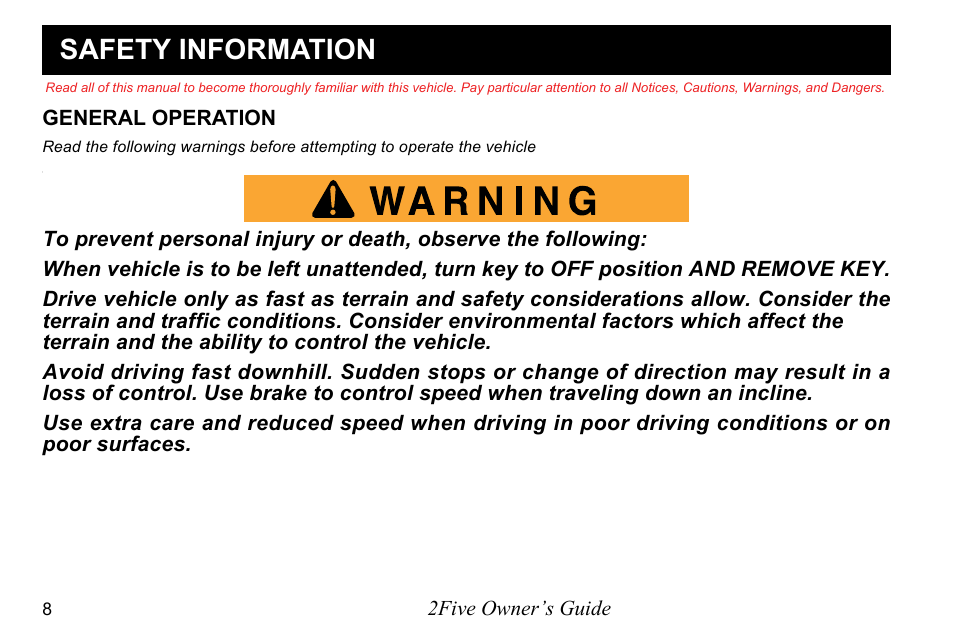 Safety information | E-Z-GO 2FIVE 4 PASSENGER User Manual | Page 16 / 144