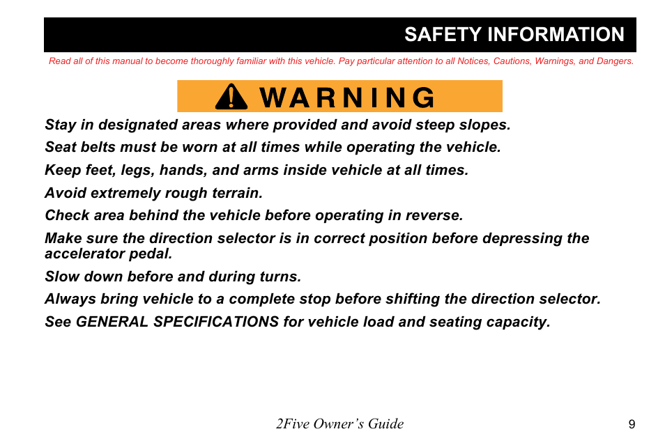 Safety information | E-Z-GO 2FIVE 4 PASSENGER User Manual | Page 17 / 144