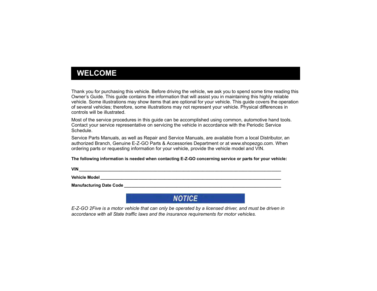 Welcome | E-Z-GO 2FIVE 4 PASSENGER User Manual | Page 2 / 144