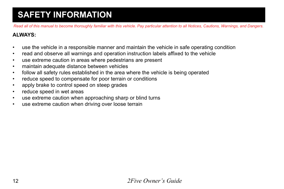 Safety information, 2five owner’s guide | E-Z-GO 2FIVE 4 PASSENGER User Manual | Page 20 / 144
