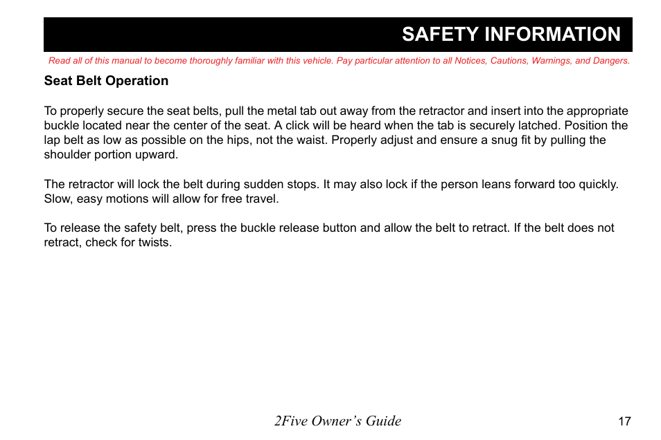 Safety information | E-Z-GO 2FIVE 4 PASSENGER User Manual | Page 25 / 144