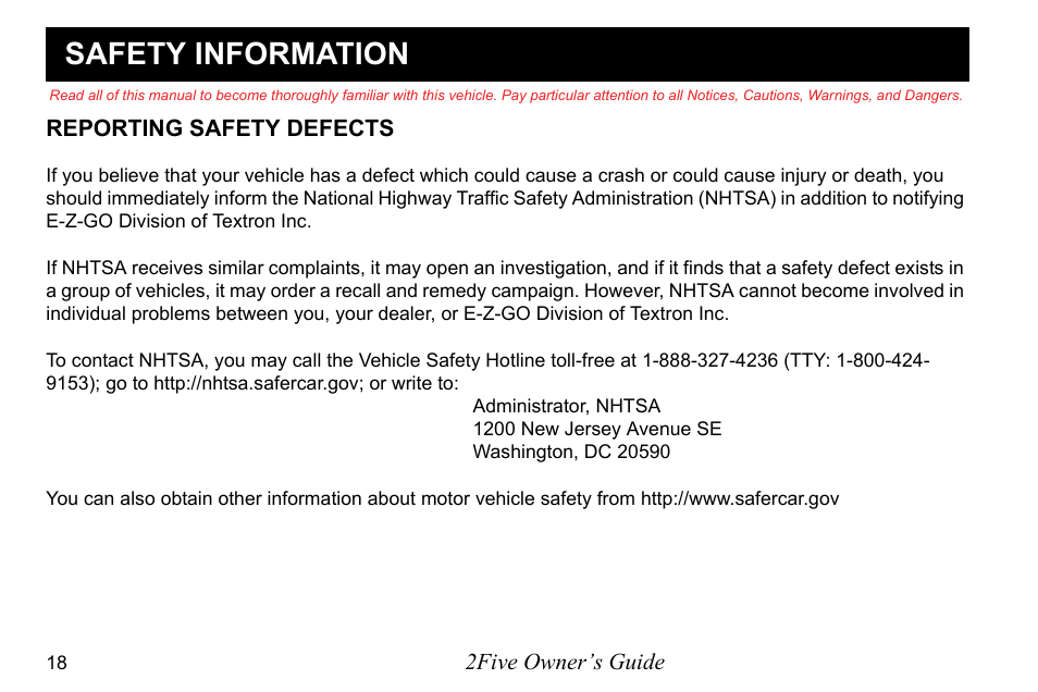 Safety information | E-Z-GO 2FIVE 4 PASSENGER User Manual | Page 26 / 144