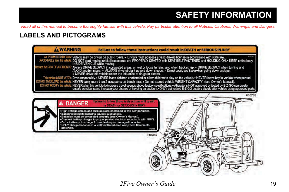 Safety information | E-Z-GO 2FIVE 4 PASSENGER User Manual | Page 27 / 144