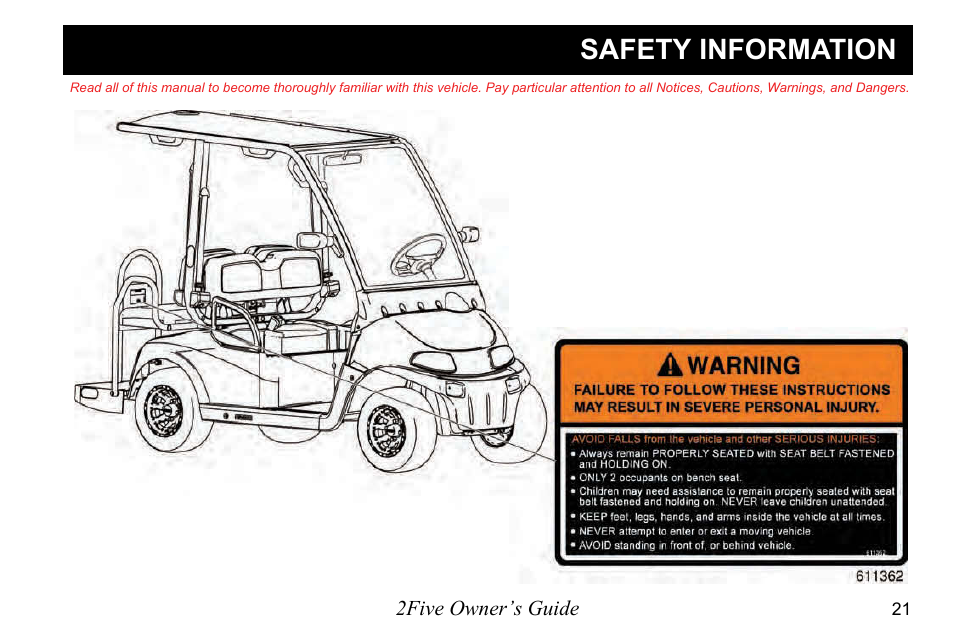 Safety information | E-Z-GO 2FIVE 4 PASSENGER User Manual | Page 29 / 144