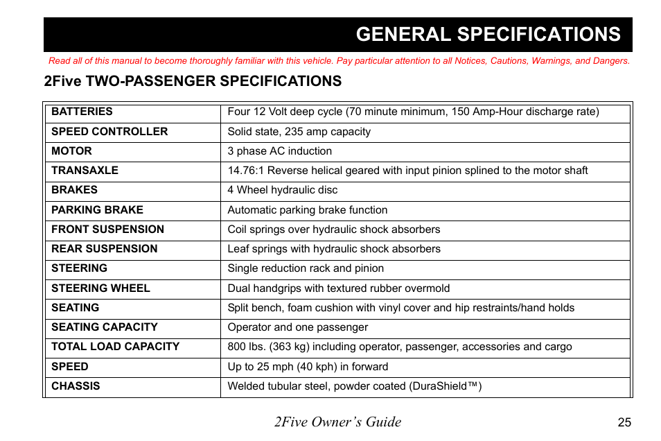 General specifications, 2five owner’s guide, 2five two-passenger specifications | E-Z-GO 2FIVE 4 PASSENGER User Manual | Page 33 / 144