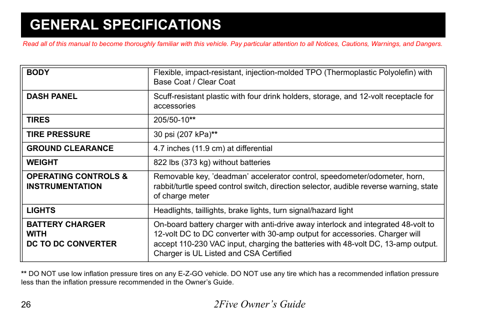 General specifications, 2five owner’s guide | E-Z-GO 2FIVE 4 PASSENGER User Manual | Page 34 / 144
