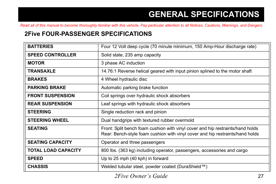 General specifications, 2five owner’s guide, 2five four-passenger specifications | E-Z-GO 2FIVE 4 PASSENGER User Manual | Page 35 / 144