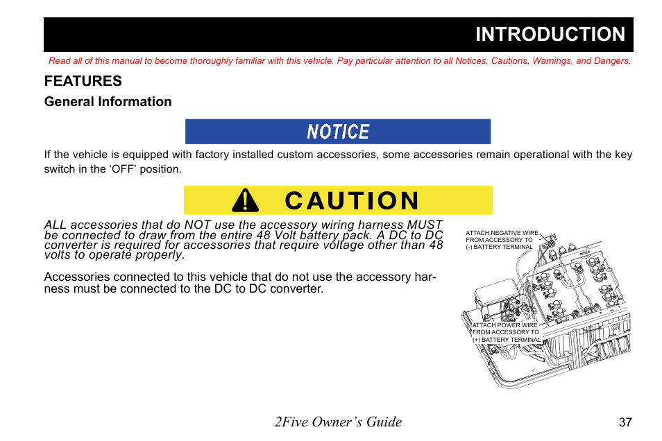 Introduction, 2five owner’s guide, Features | General information | E-Z-GO 2FIVE 4 PASSENGER User Manual | Page 45 / 144