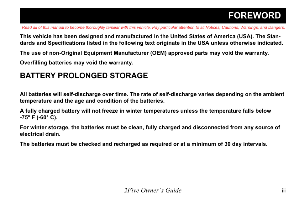 Foreword, Battery prolonged storage | E-Z-GO 2FIVE 4 PASSENGER User Manual | Page 5 / 144
