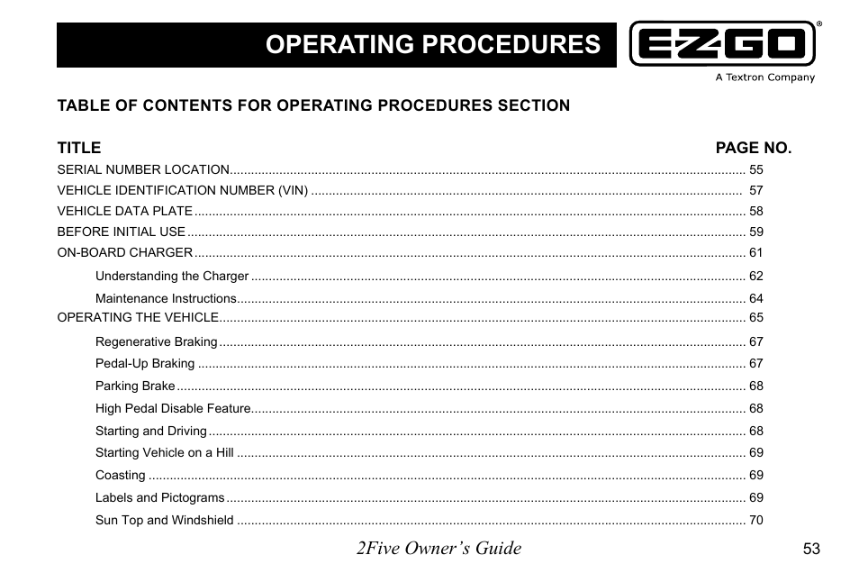 Operating procedures, 2five owner’s guide | E-Z-GO 2FIVE 4 PASSENGER User Manual | Page 61 / 144