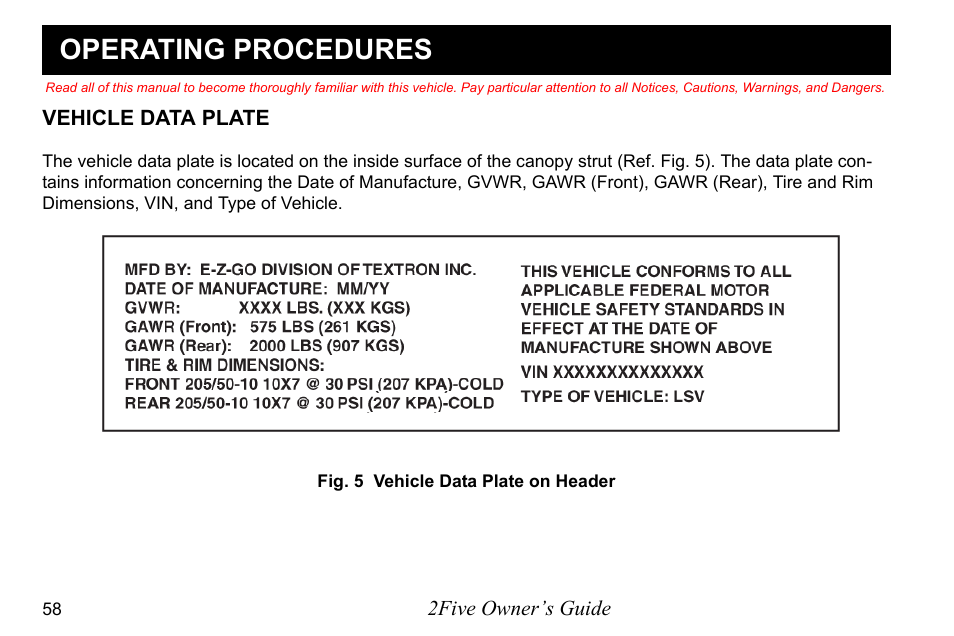 Operating procedures | E-Z-GO 2FIVE 4 PASSENGER User Manual | Page 66 / 144