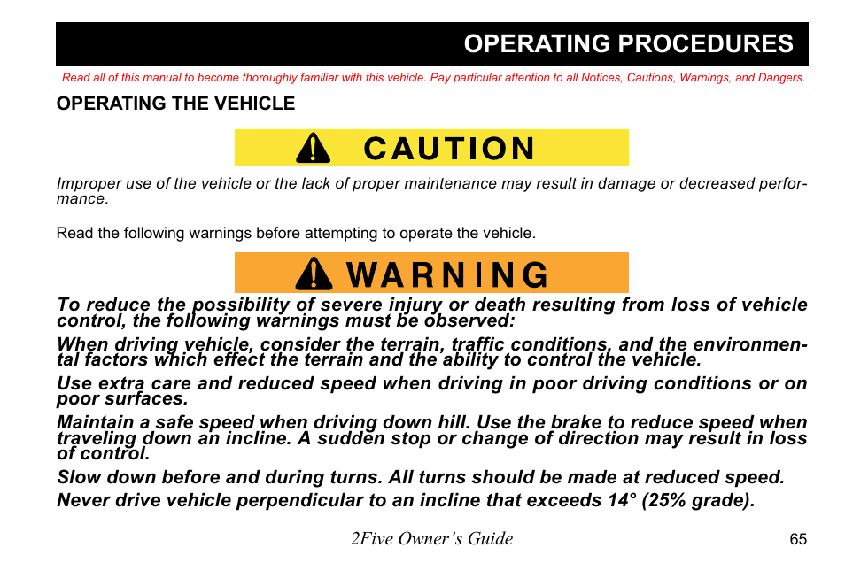 Operating procedures | E-Z-GO 2FIVE 4 PASSENGER User Manual | Page 73 / 144