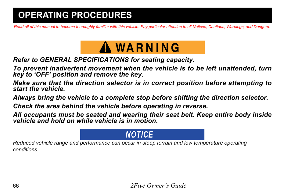 Operating procedures | E-Z-GO 2FIVE 4 PASSENGER User Manual | Page 74 / 144