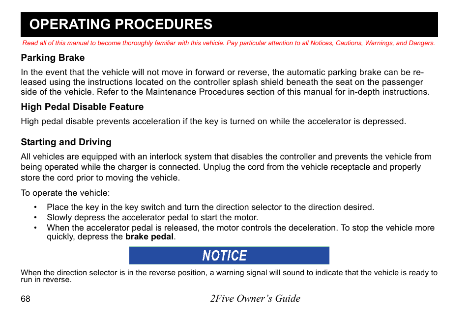 Operating procedures | E-Z-GO 2FIVE 4 PASSENGER User Manual | Page 76 / 144