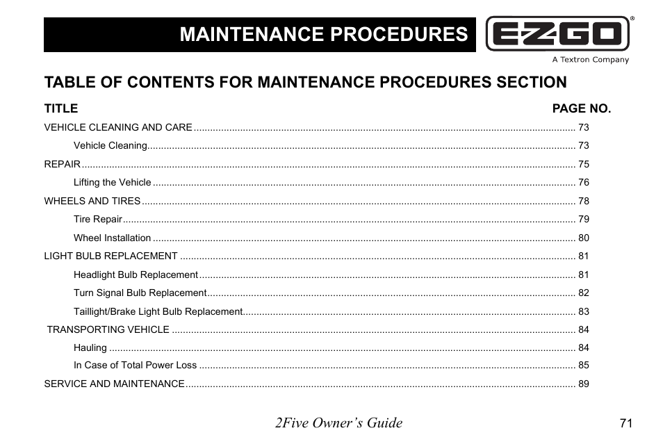 Maintenance procedures, 2five owner’s guide | E-Z-GO 2FIVE 4 PASSENGER User Manual | Page 79 / 144